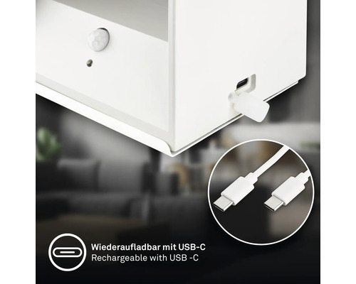 Vägglampa med rörelsesensor och USB-C laddningsport inklusive laddningskabel.