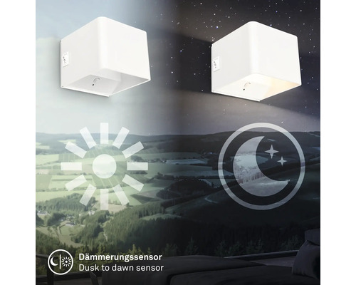 Vägglampa med skymningssensor visas i två lägen under dag och natt