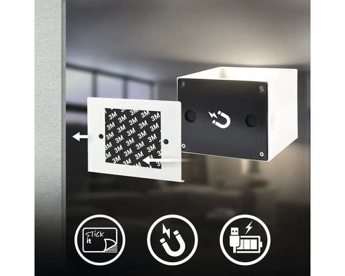 Vägglampa med självhäftande platta och magnetfäste samt USB laddningsfunktion