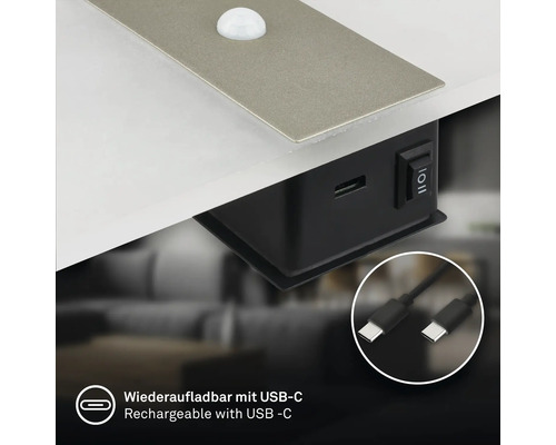 Underskåpsbelysning med rörelsedetektor och USB-C laddningsport för enkel montering på möbler.