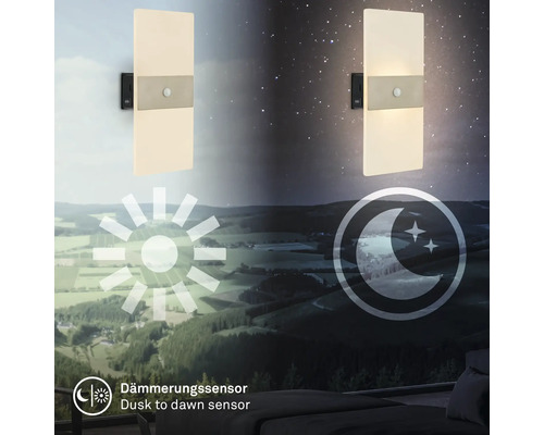 LED vägglampa med skymningssensor visad i dag och natt miljö för att illustrera sensorfunktionen