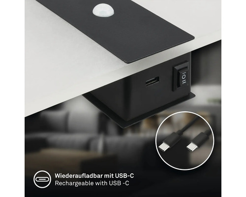 LED underskåpsbelysning med rörelsesensor, laddningsbar via USB C-kabel, lämplig för infällnad i möbler.