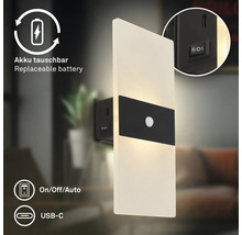 Modern LED vägglampa med rörelsesensor, utbytbart batteri, USB C laddningsport och på av auto strömbrytare