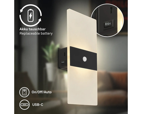 Modern LED vägglampa med rörelsesensor, utbytbart batteri, USB C laddningsport och på av auto strömbrytare