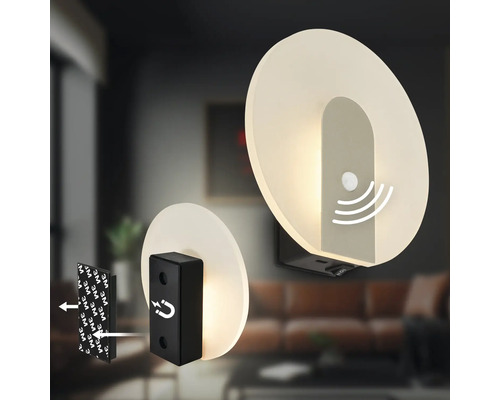LED vägglampa med rörelsesensor och magnetfäste för väggmontering i ett modernt vardagsrum