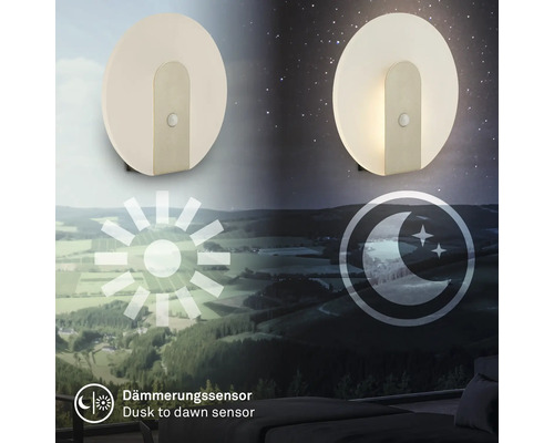 Rund LED vägglampa med rörelsedetektor och skymningssensor för utomhusbruk