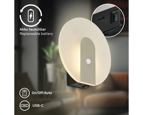 Rund LED vägglampa med rörelsedetektor, utbytbart batteri, USB C laddningsport och på av auto strömbrytare.