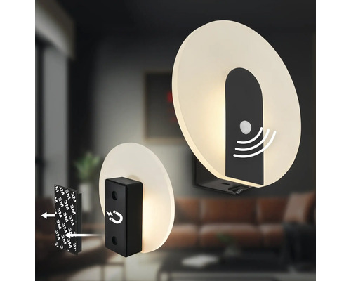 Rund LED vägglampa med rörelsesensor och magnetfäste för enkel väggmontering.