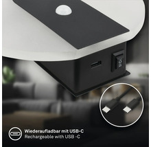 Uppladdningsbar LED vägglampa med rörelsesensor och USB-C laddningsport för inomhusbruk.