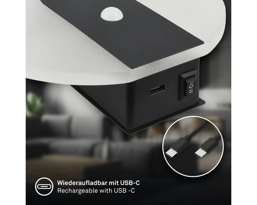 Uppladdningsbar LED vägglampa med rörelsesensor och USB-C laddningsport för inomhusbruk.