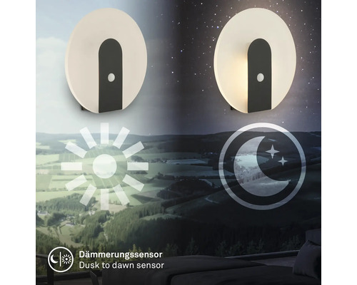 Rund LED vägglampa med skymningssensor i en dag och natt vy