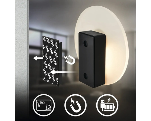 LED vägglampa med självhäftande fäste och magnetlås inklusive uppladdningsbart batteri med USB anslutning