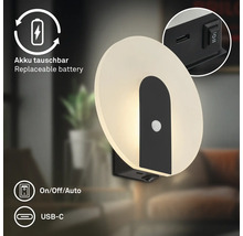 Rund vägglampa med rörelsedetektor, uppladdningsbart batteri och USB-C laddningsport för flexibel inomhusbelysning.
