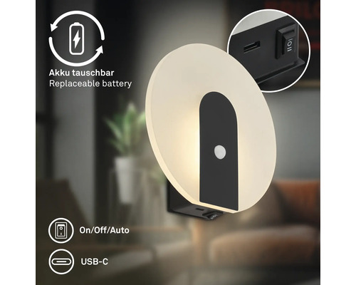 Rund vägglampa med rörelsedetektor, uppladdningsbart batteri och USB-C laddningsport för flexibel inomhusbelysning.