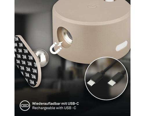 Rund magnetisk LED-lampa med självhäftande fäste och laddningsbar USB C-anslutning.