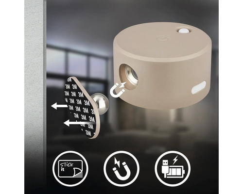 LED-lampa med magnetfäste och självhäftande väggfäste, laddningsbar via USB