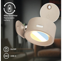 Vägglampa med uppladdningsbart batteri, utbytbart batteri och USB C-anslutning för inomhusbruk.