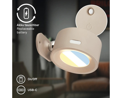 Vägglampa med uppladdningsbart batteri, utbytbart batteri och USB C-anslutning för inomhusbruk.