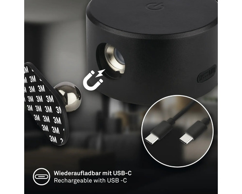 Rund LED-lampa med magnetfäste och USB C-laddningskabel.