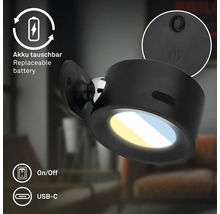 LED vägglampa med uppladdningsbart batteri, utbytbart batteri, på av knapp och USB C laddningsport.