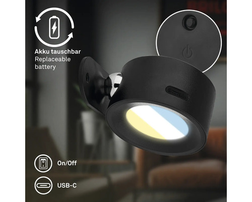 LED vägglampa med uppladdningsbart batteri, utbytbart batteri, på av knapp och USB C laddningsport.
