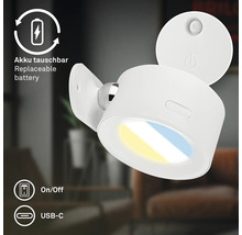 LED vägglampa med uppladdningsbart batteri, utbytbart batteri, på av knapp och USB C anslutning för laddning.