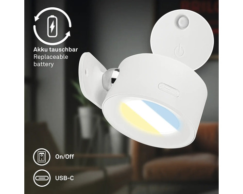 LED vägglampa med uppladdningsbart batteri, utbytbart batteri, på av knapp och USB C anslutning för laddning.
