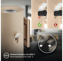 Uppladdningsbar vägglampa med USB C laddningsport och medföljande laddningskabel, visning av korrekt laddningsprocess