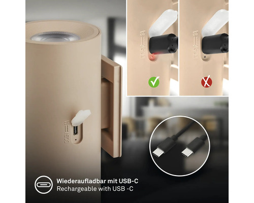 Uppladdningsbar vägglampa med USB C laddningsport och medföljande laddningskabel, visning av korrekt laddningsprocess
