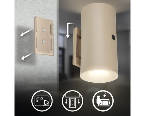 Cylindrisk vägglampa med batteridrift inklusive monteringsplatta med häftfunktion och USB laddningsport.