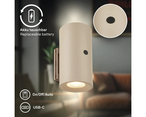 Cylindrisk LED-vägglampa med batteri, utbytbart batteri, USB-C-port och On-Off-Auto-kopplingsfunktion.