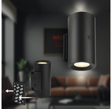 Cylindrisk LED vägglampa i svart med monteringsplatta och självhäftande remsor för enkel väggmontering