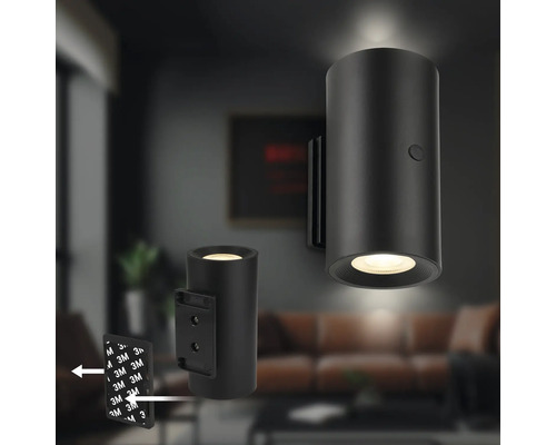 Cylindrisk LED vägglampa i svart med monteringsplatta och självhäftande remsor för enkel väggmontering