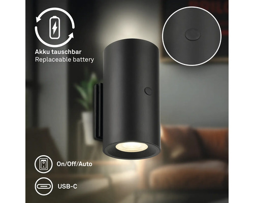 Cylindrisk LED-vägglampa med utbytbart batteri, rörelsedetektor och USB-C-anslutning.