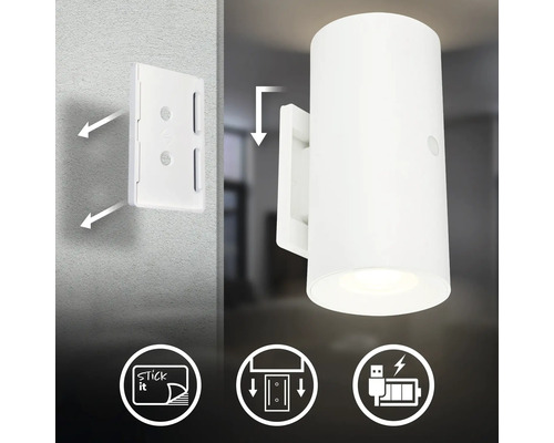Vägglampa med batteri och USB laddningsport för väggmontering med självhäftande platta