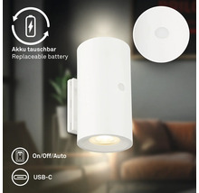 Cylindrisk LED vägglampa med rörelsesensor, batteridrift, USB C anslutning och på av auto strömbrytare