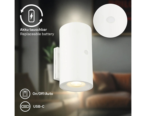 Cylindrisk LED vägglampa med rörelsesensor, batteridrift, USB C anslutning och på av auto strömbrytare