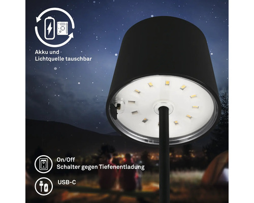 Utomhus LED bordslampa med utbytbart batteri och ljuskälla, USB C anslutning och djupurladdningsskydd