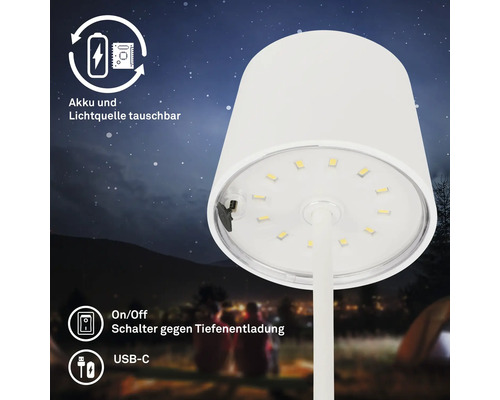 LED bordslampa med utbytbart batteri och ljuskälla, USB C anslutning och strömbrytare mot djupurladdning mot en nattlig bakgrund.