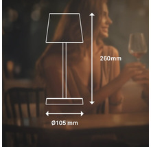 Teknisk ritning av en bordslampa med en total höjd på 260 millimeter och en fotdiameter på 105 millimeter.