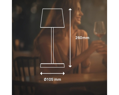 Teknisk ritning av en bordslampa med en total höjd på 260 millimeter och en fotdiameter på 105 millimeter.