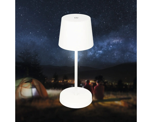 Bärbar LED bordslampa med touch-brytare för utomhusbruk framför en campingbakgrund