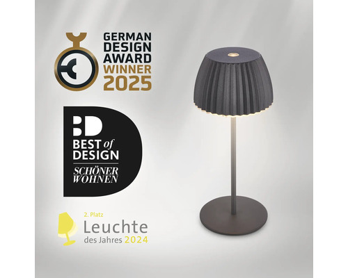 Modern LED bordslampa med plisserad skärm, utmärkt som German Design Award Winner 2025 och Best of Design Schöner Wohnen.