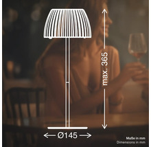 Skiss av en bordslampa med lampskärm och mått på maximalt 365 millimeter i höjd och 145 millimeter i diameter.