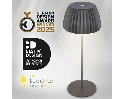 Modern LED bordslampa med plisserad skärm, vinnare av German Design Award 2025 och Best of Design pris från Schöner Wohnen.