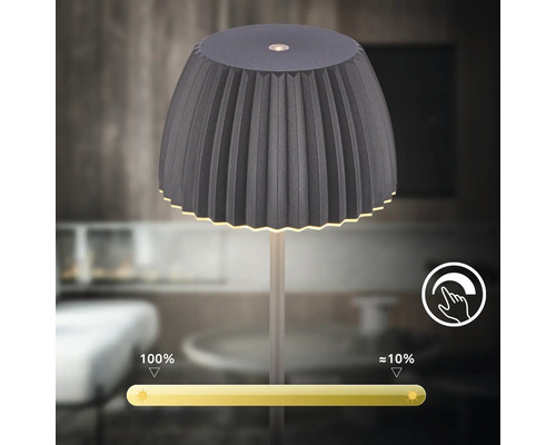 Dimbar LED bordslampa med plisserad skärm och touchkontroll för ljusstyrka mellan 10 och 100 procent.