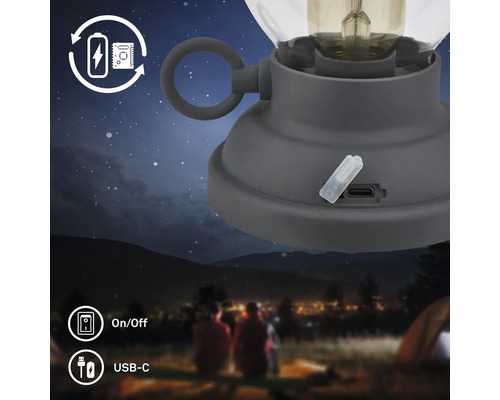 LED campinglykta med uppladdningsbart batteri och USB typ C anslutning i en nattlig campingmiljö