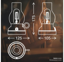 Teknisk ritning med mått i millimeter för en dekorativ bordslampa med LED i stil som en stormlykta.
