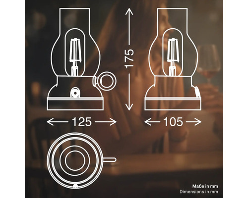 Teknisk ritning med mått i millimeter för en dekorativ bordslampa med LED i stil som en stormlykta.
