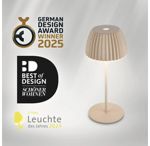 Modern LED bordslampa med veckad lampskärm och rund bas, vinnare av designpriser.